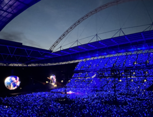 Wembley Stadium bathed in blue light for the Coldplay concert
