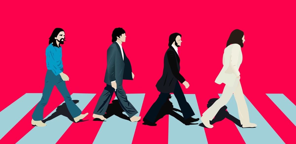 A red graphic depicting the Beatles crossing Abbey Road
