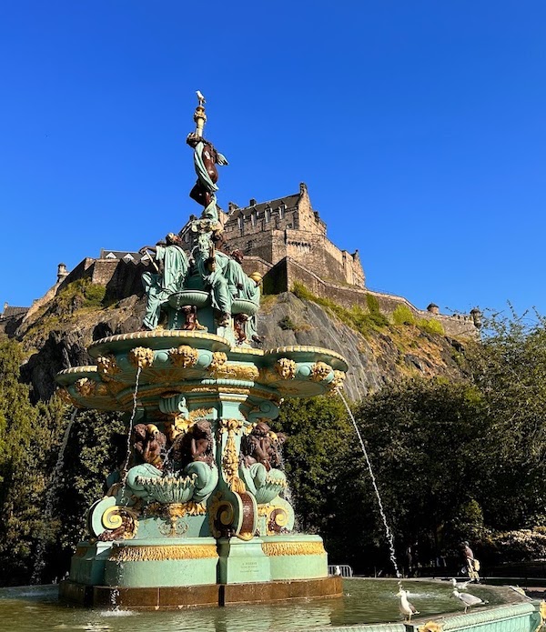 Ross Fountain in front of Edinburgh Castle Blue Skies June 2023