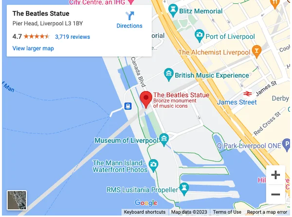 An image of the map for Pier Head and the location of the statue