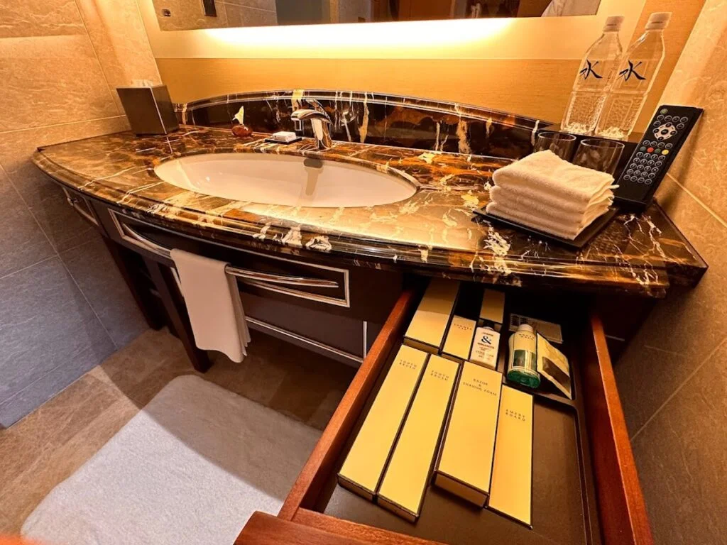A full drawer of bathroom amenities at the Shangri-La Tokyo