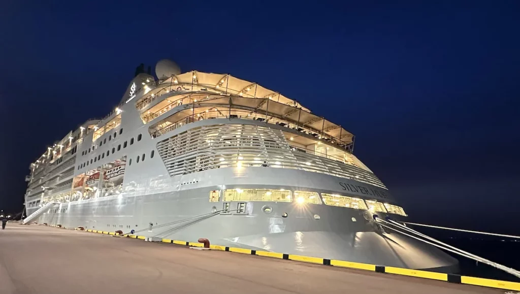 The Silver Muse docked in Japan, at night