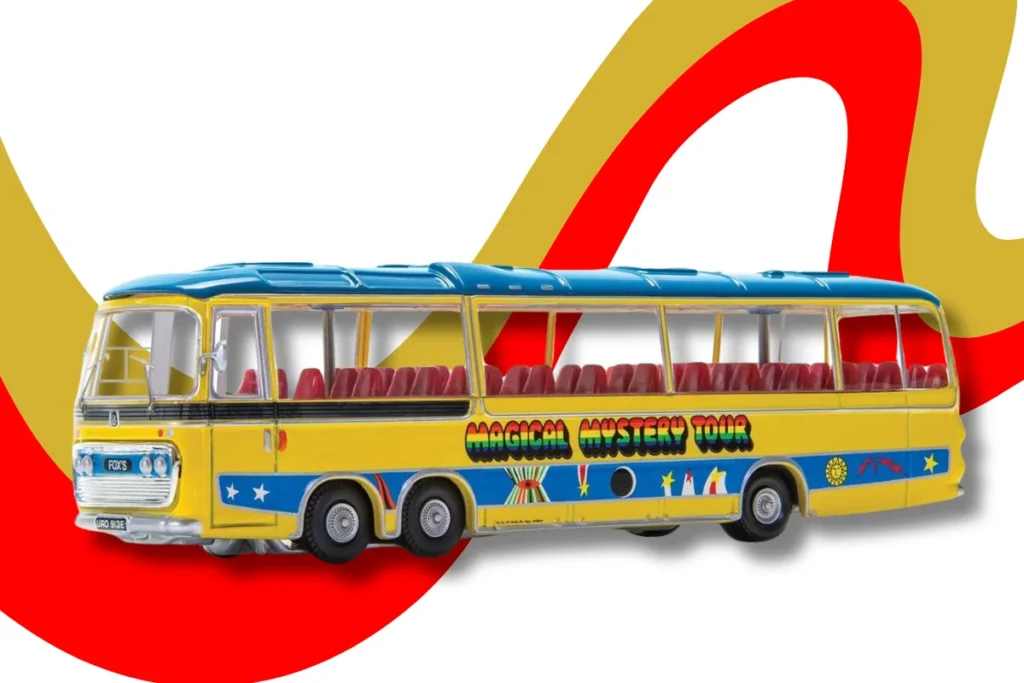 A corgi model of the Magical Mystery Tour Bus