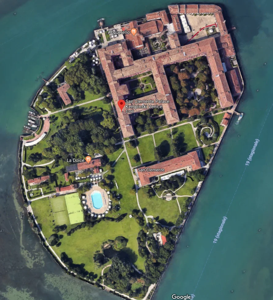 An aerial map of San Clemente Palace, Venice