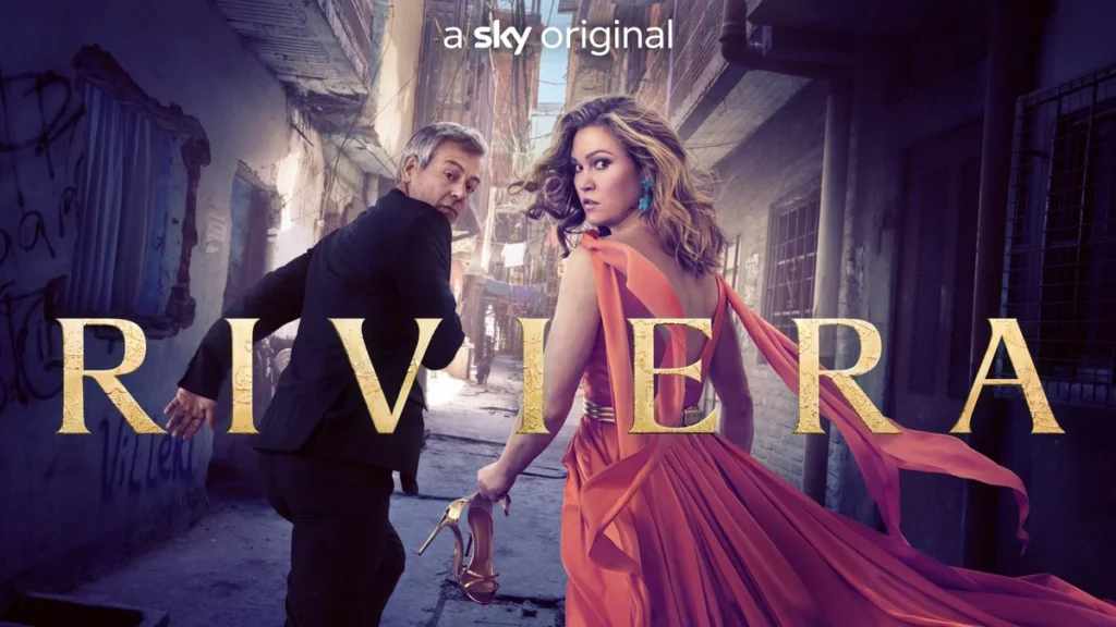 Riviera - Sky TV series poster. Julia Stiles in a beautiful red dress