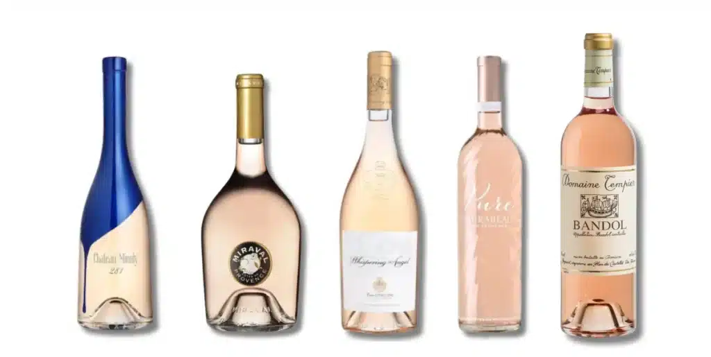A selection of Rosé wine bottles on a white background