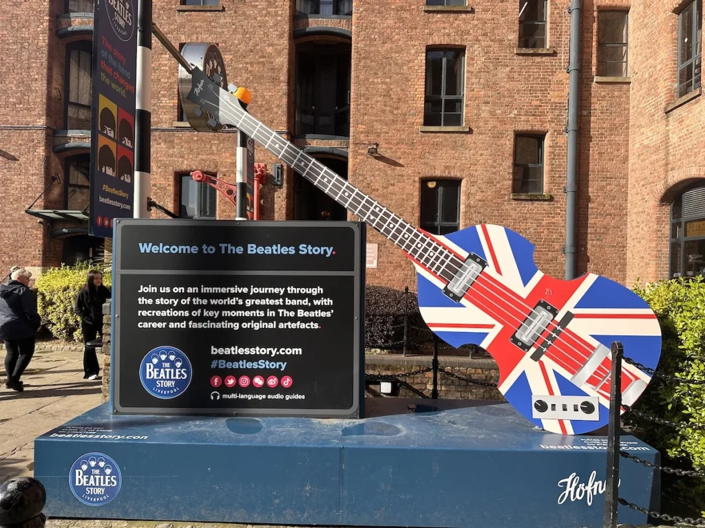 To the side of the Beatles Story entrance is this iconic Hofner Guitar with Union Jack markings