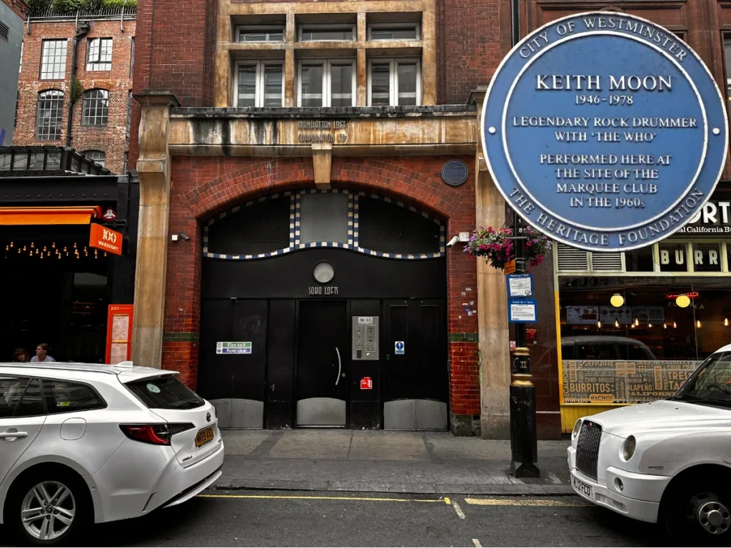 The building on London's Wardour Street that was the former Marquee Club. The blue plague for Keith Moon has been expanded for easy reading