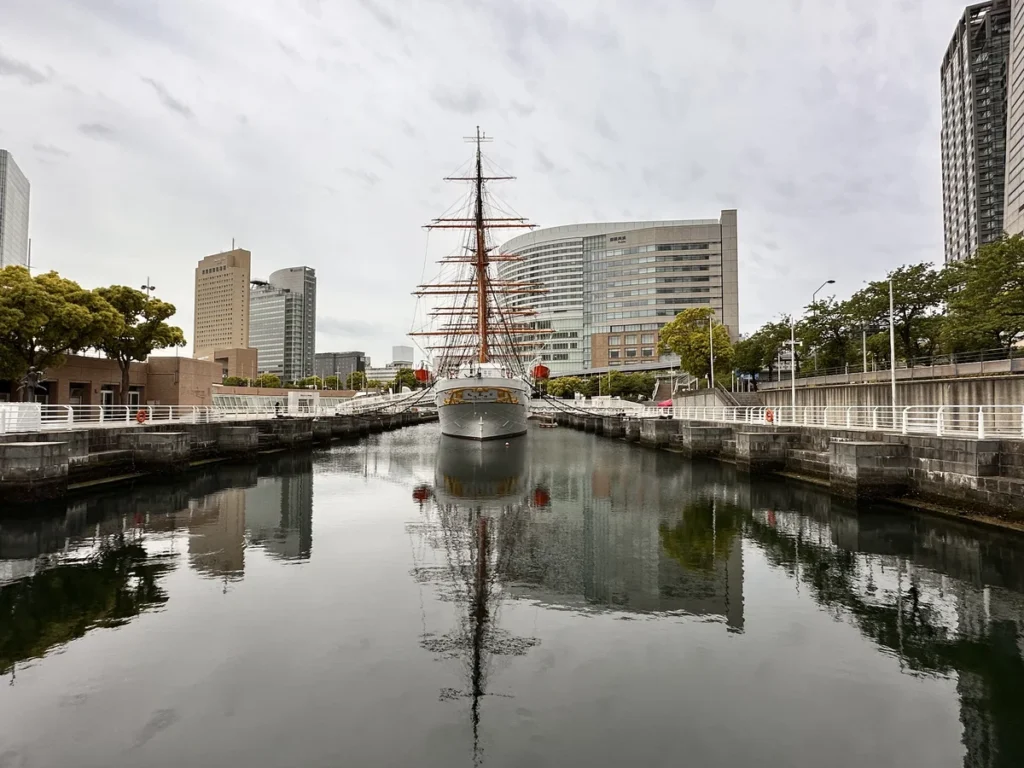 The Nippin Maru sailing ship in Yokohama on a grey day in 2023