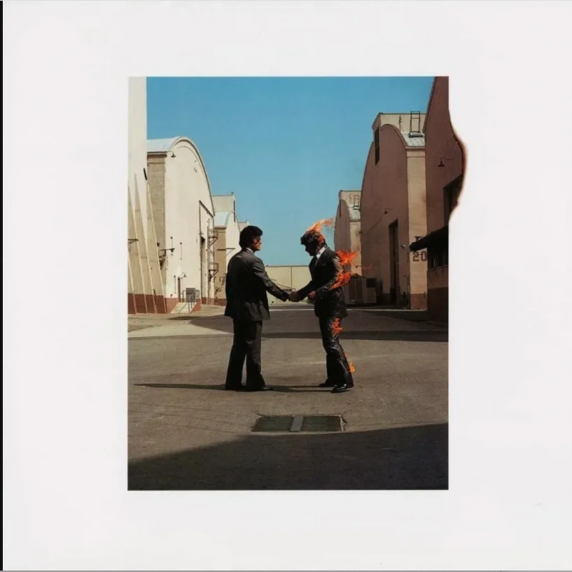 The album cover for Pink Floyd's Wish You Were. The Burning Man stunt took place on the Warner Studios backlot in Burbank, just outside LA