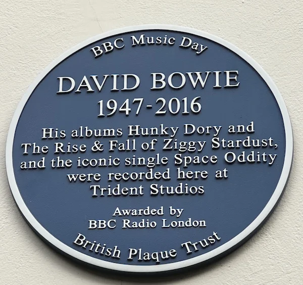The Blue Plaque in St. Anne's Court Soho, commemorating the recording of David Bowie's Ziggy Stardust at this location