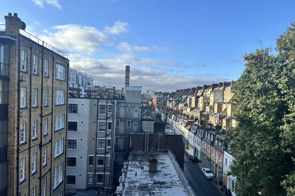 Looking out from the hotel window to a blue sky and the Pavillion Road stretching into the distance