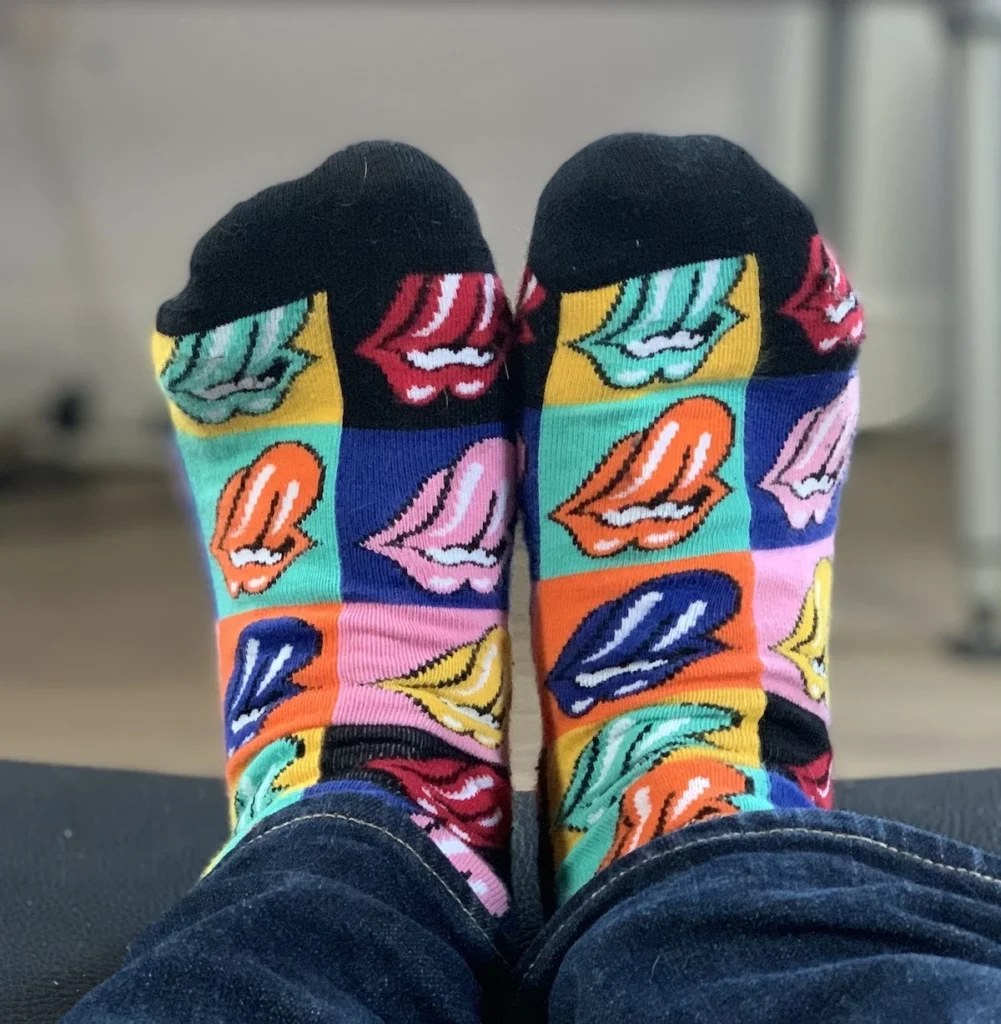 My feet with Rolling Stones multicoloured 'Tongues' Happy Socks