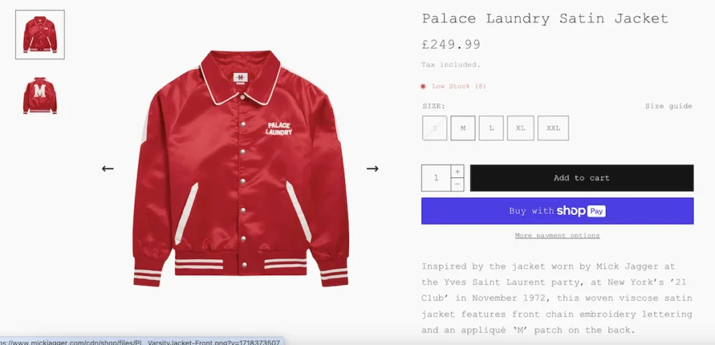 A screenshot of Mick Jagger's online shop with a red jacket promoted as an ideal Christmas gift for a rock star fan