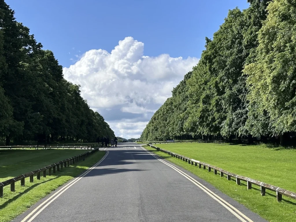 A straight grey  road  stretches to the horizon. On both sides green grass stretches to the edge of the picture with large green trees on the edges with a large white cloud sitting in front of a blue sky at Coombe Abbey Hotel