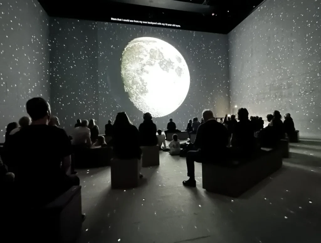 The seated audience are silhouetted by the light of the moon shining on the screen in front
