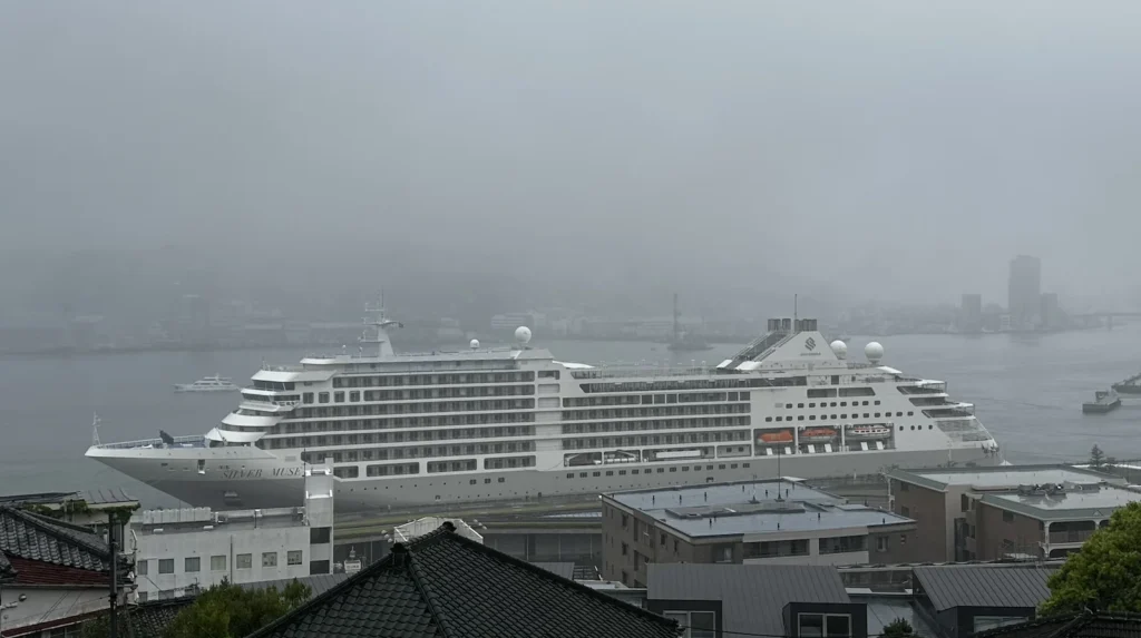 A scenic overlook from Glover Garden with views of Nagasaki Bay and the Silver Muse cruise ship ©Wine, Travel & Song
