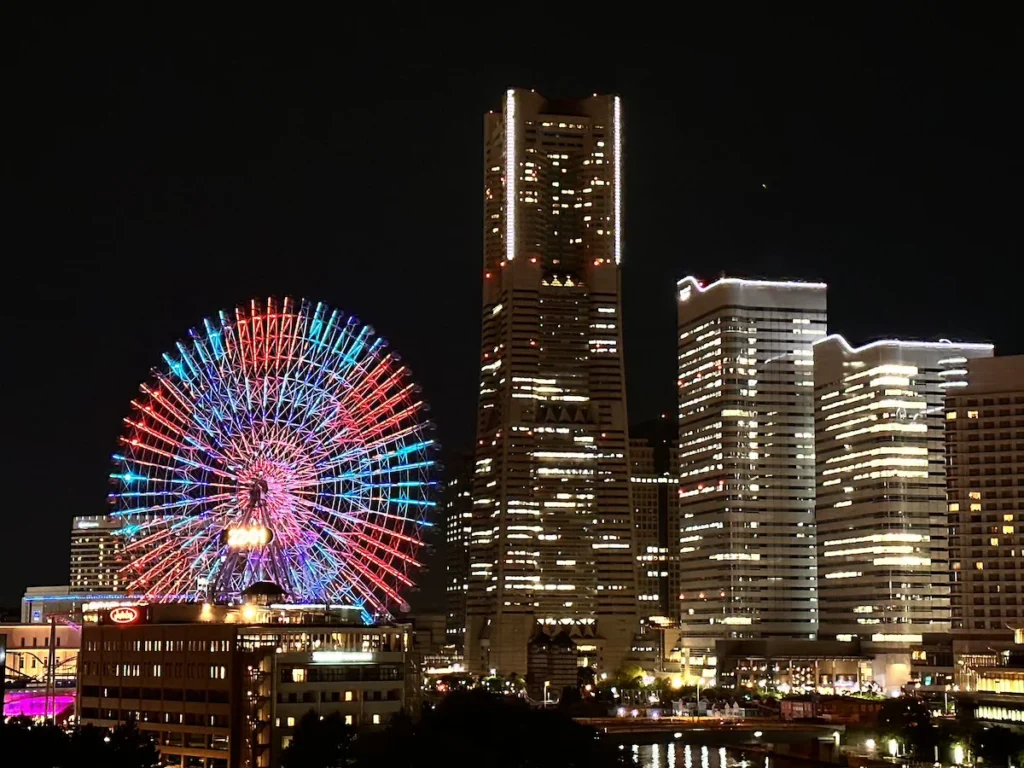 A panoramic view of the Yokohama skyline, showcasing modern skyscrapers and the waterfront